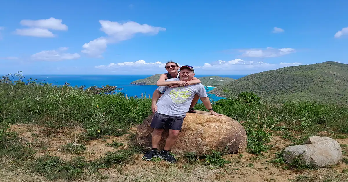 Couple posing during a scenic Tortola stop.