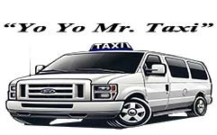 Yo Yo Mr. Taxi - Tortola British Virgin Islands Taxi Booking Service Logo. A cartoon-style illustration of a white passenger van with a blue 